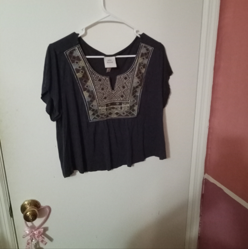 Women's Dark Navy Blue Embroidered Short Sleeve Shirt